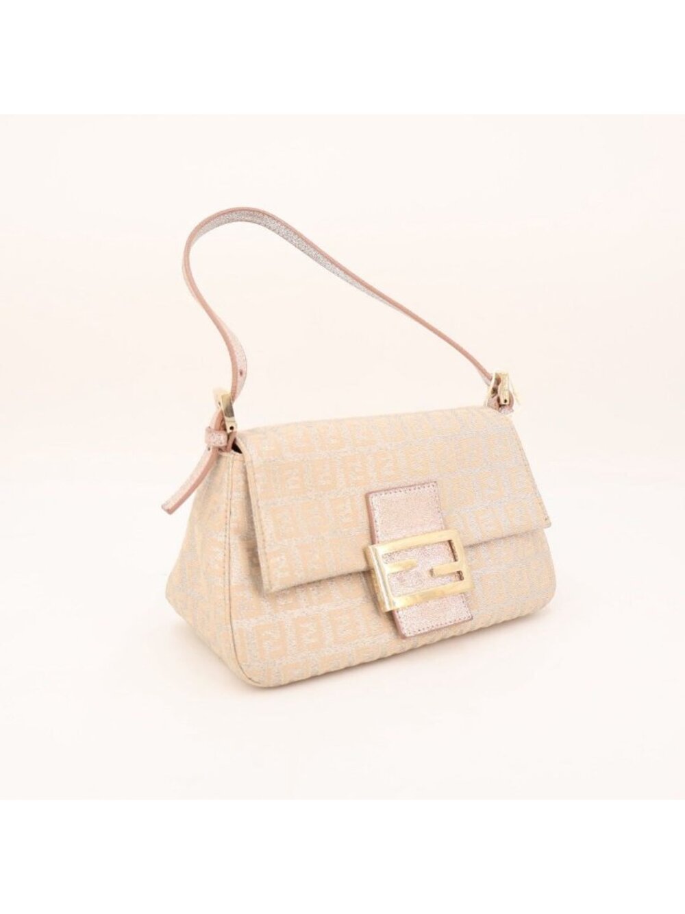 Fendi Lux Unes Canvas Gold Buckle Handle Shoulder Bag Apricot